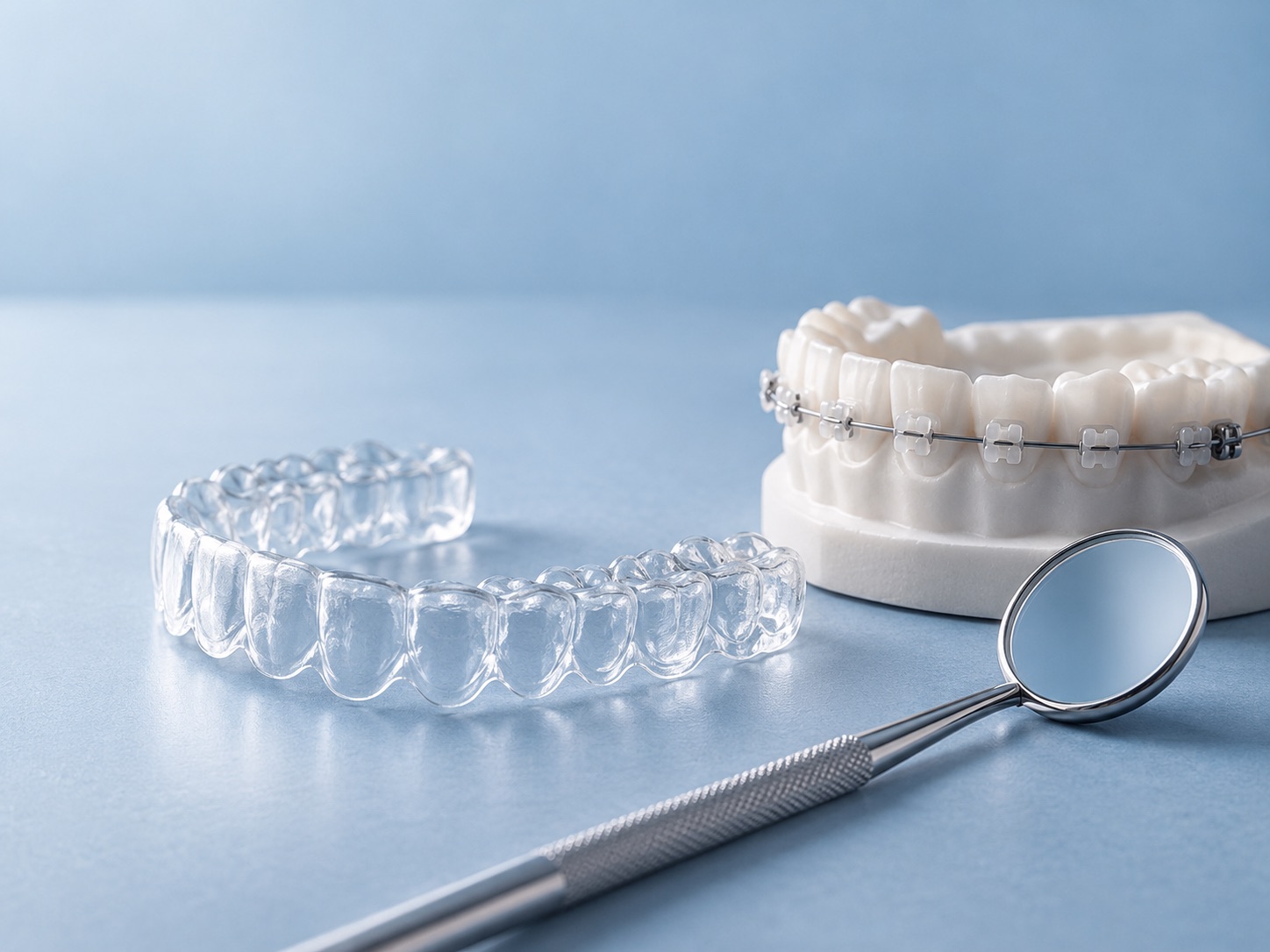 A clear aligner, ceramic braces and a dental mirror